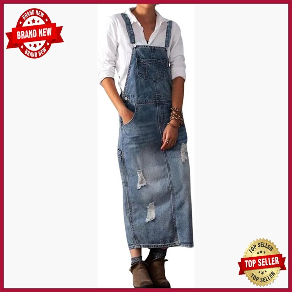Distressed Denim Overall Dress with Adjustable Straps and Pockets